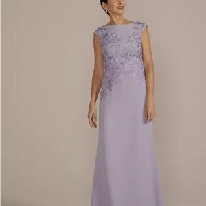 Floral embroidered chiffon gown with shawl in lilac